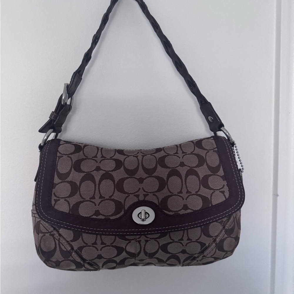 Coach Brown Signature Shoulder Bag with Silver Hardware